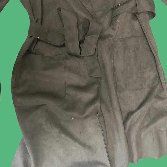 🖤 Tahari Black Faux Suede Wrap Trench Coat - Size M | Chic Belted Outerwear NWT - Picture 4 of 11
